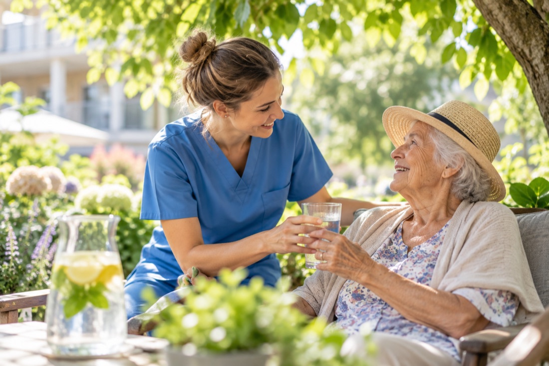 Pflegerin reicht einer älteren Frau mit Sonnenhut im schattigen Garten ein Glas Wasser